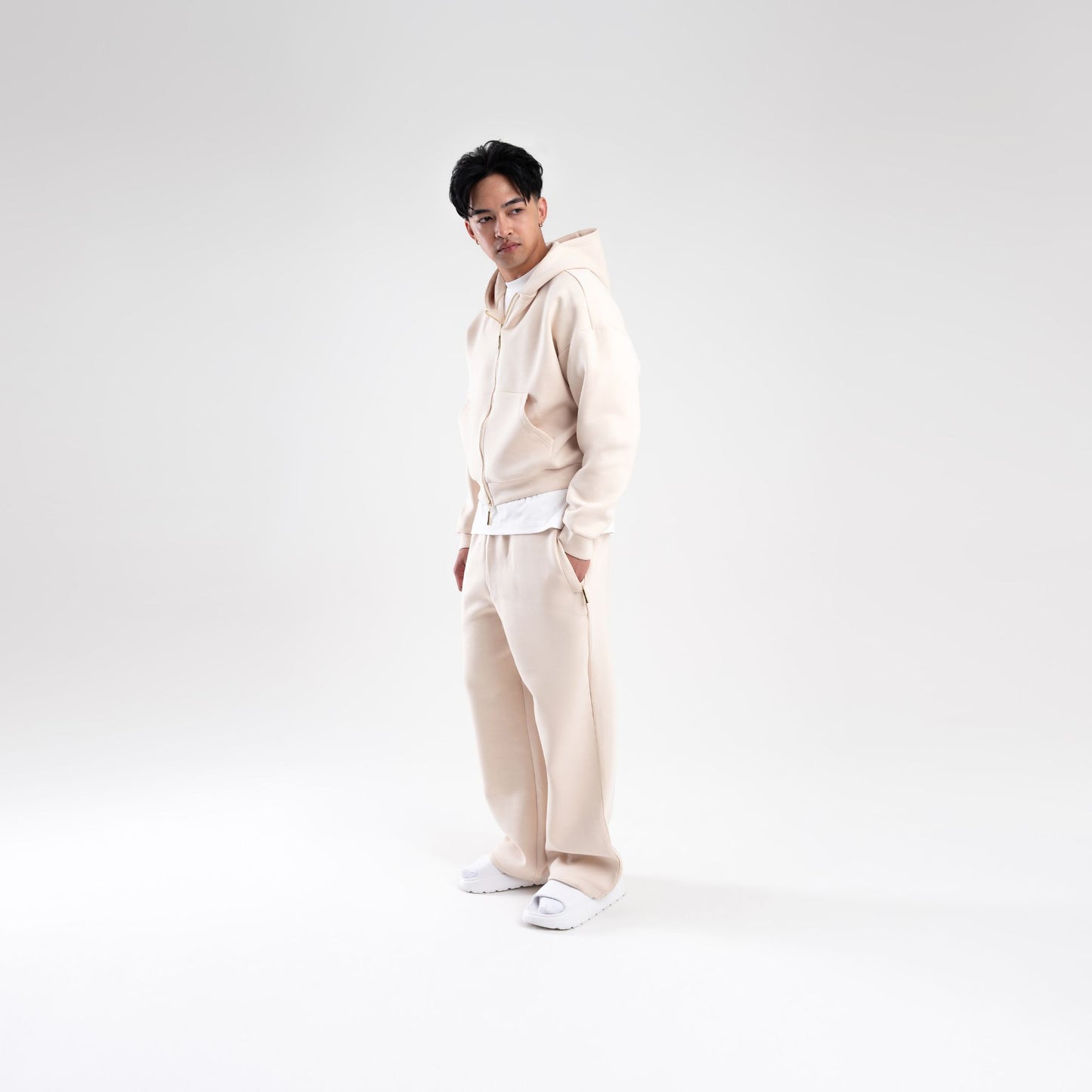 CREAM SCUBA CROP ZIP UP HOODIE