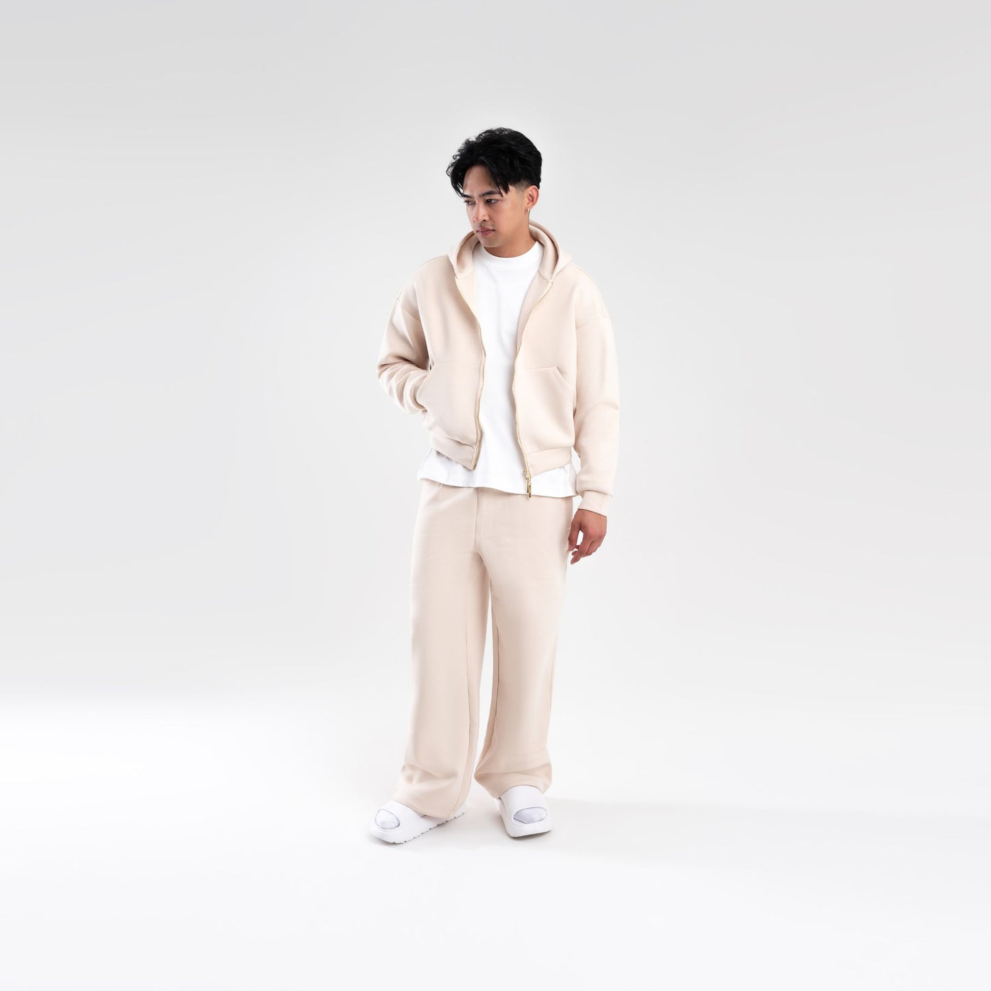 CREAM SCUBA CROP ZIP UP HOODIE