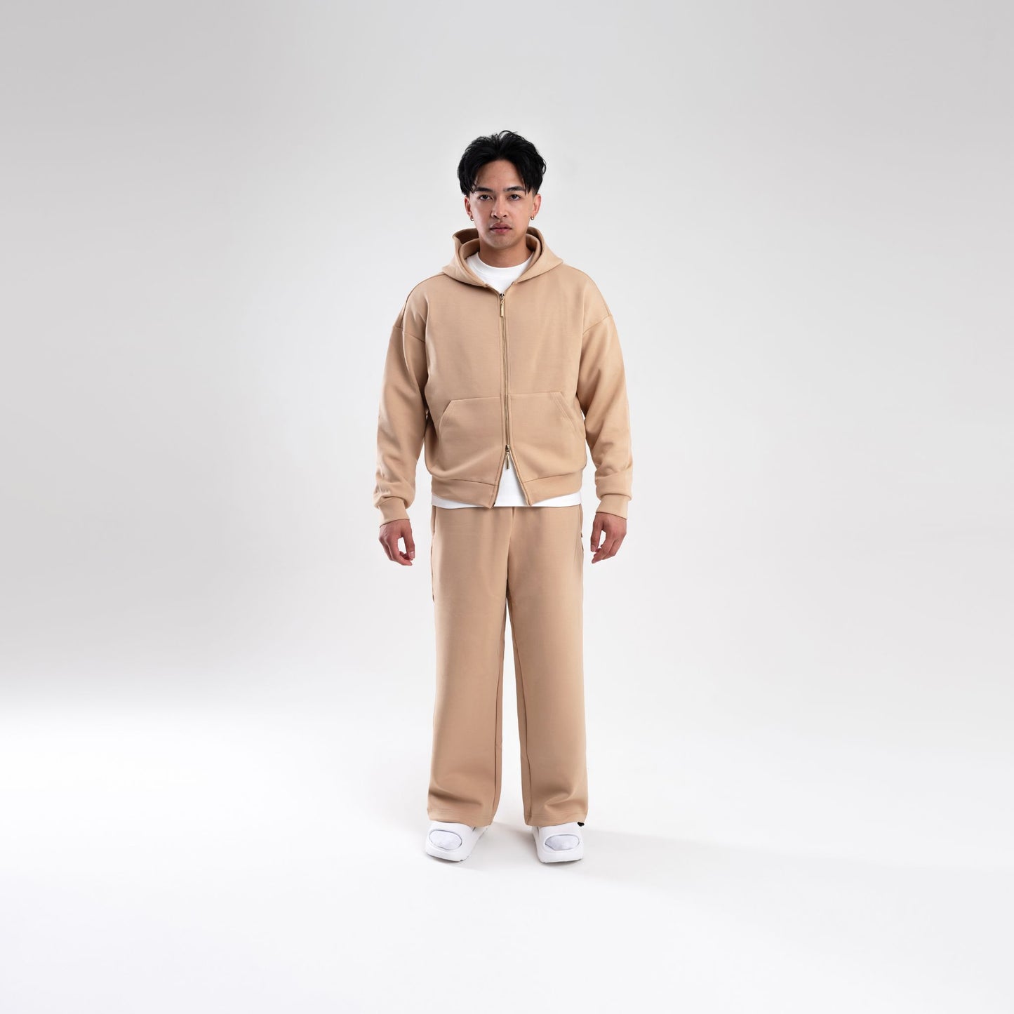 TAN SCUBA BOXY ZIP UP HOODIE