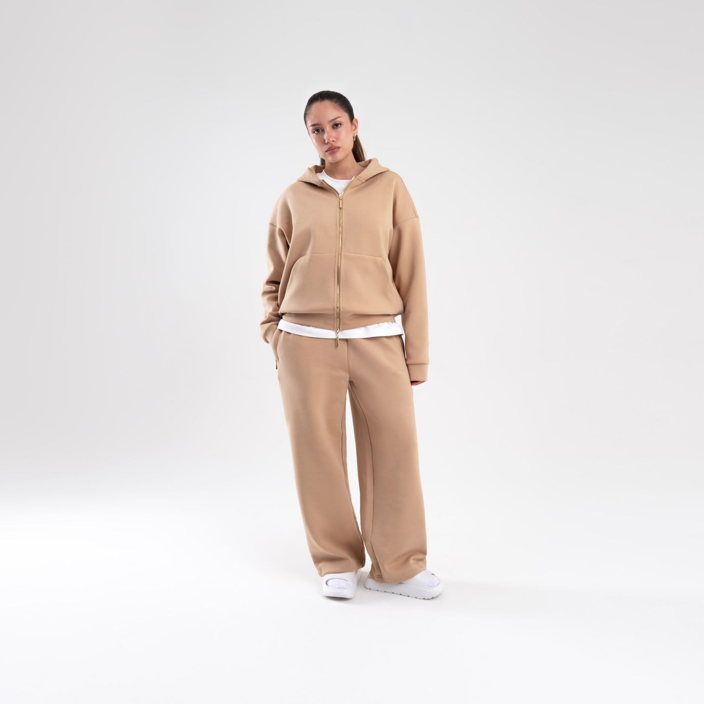 TAN SCUBA BOXY ZIP UP HOODIE