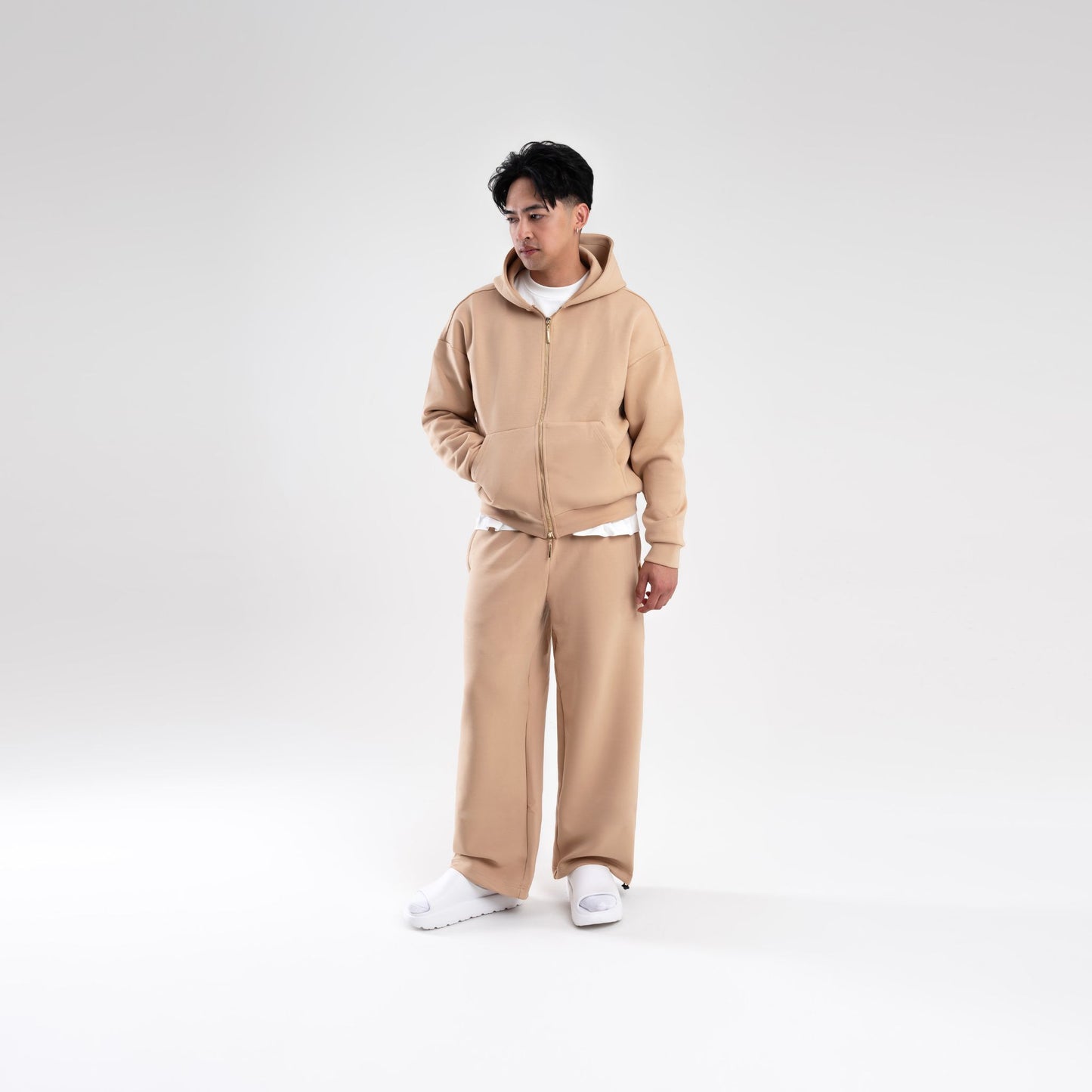 TAN SCUBA BOXY ZIP UP HOODIE