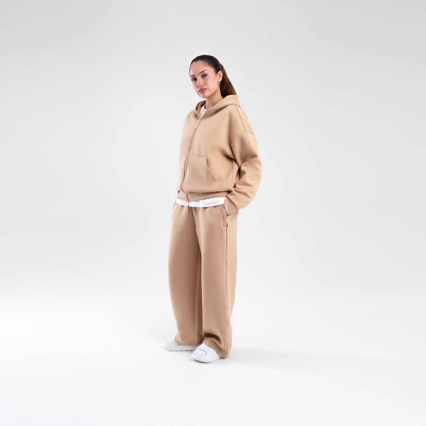 TAN SCUBA BOXY ZIP UP HOODIE