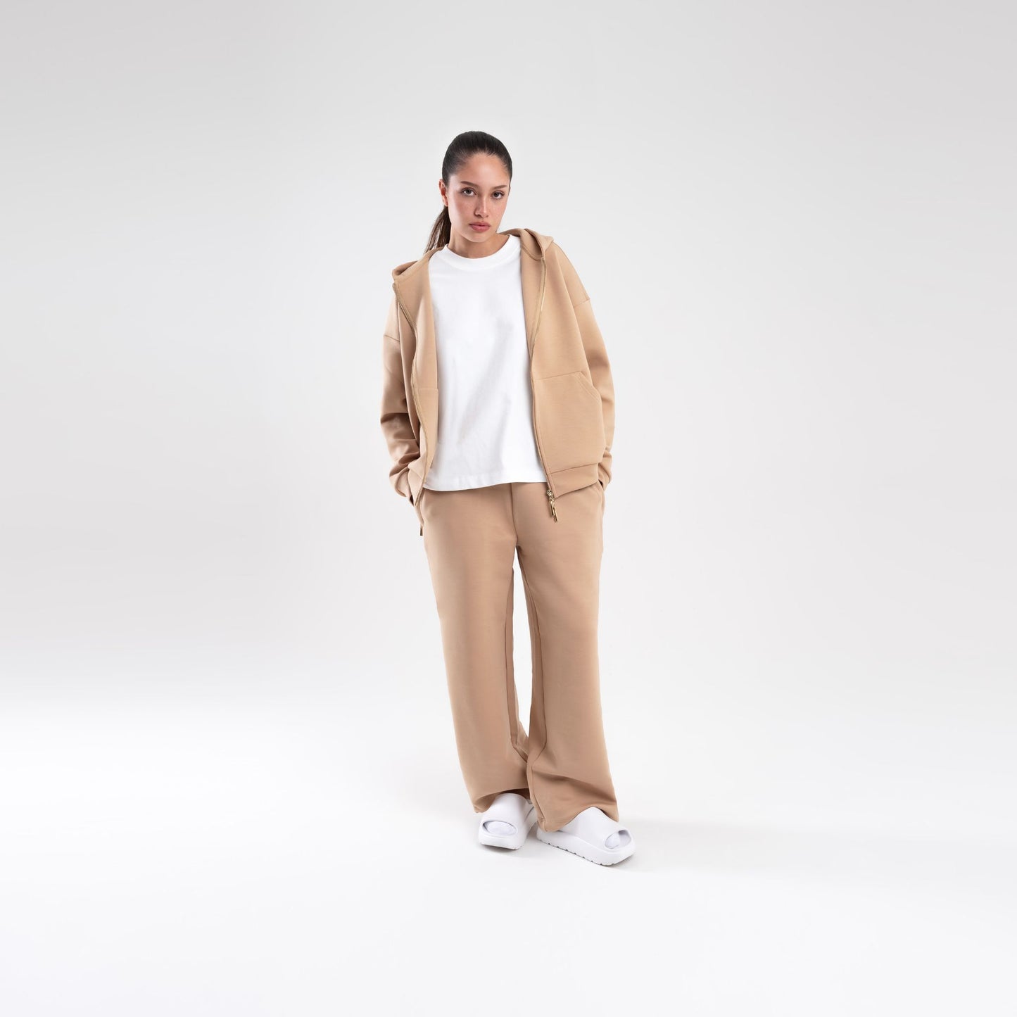 TAN SCUBA BOXY ZIP UP HOODIE
