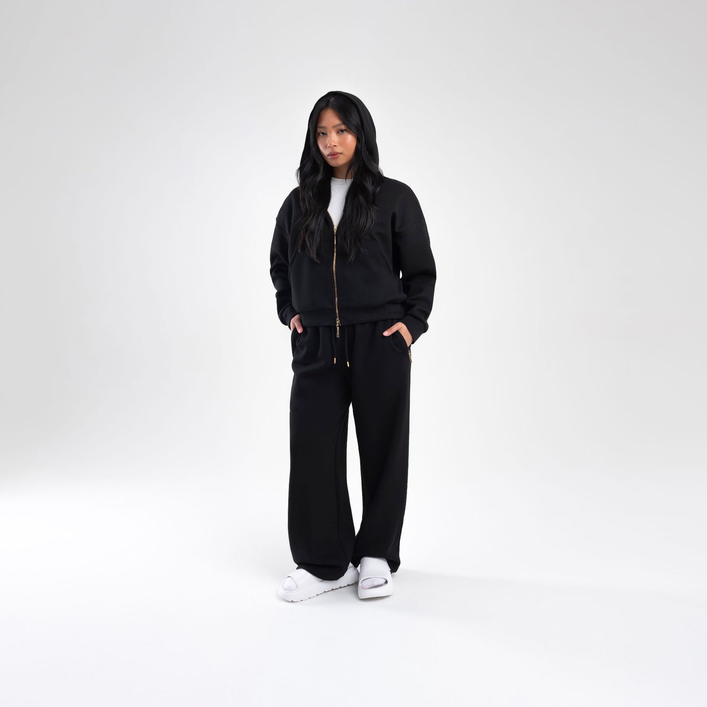 BLACK SCUBA CROP ZIP UP HOODIE