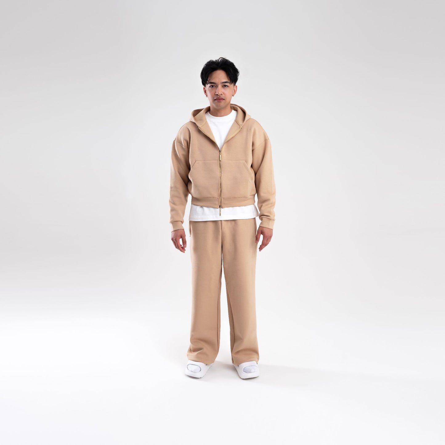 TAN SCUBA CROP ZIP UP HOODIE