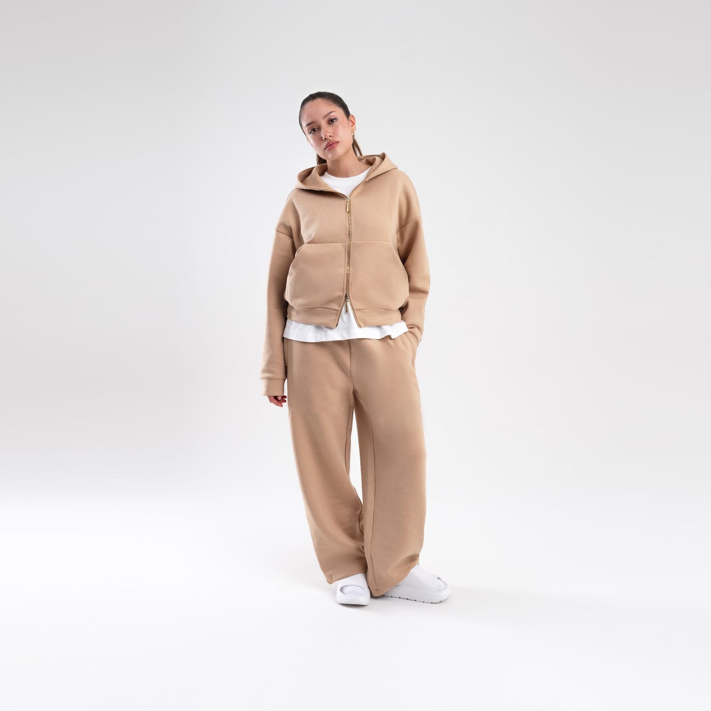 TAN SCUBA CROP ZIP UP HOODIE