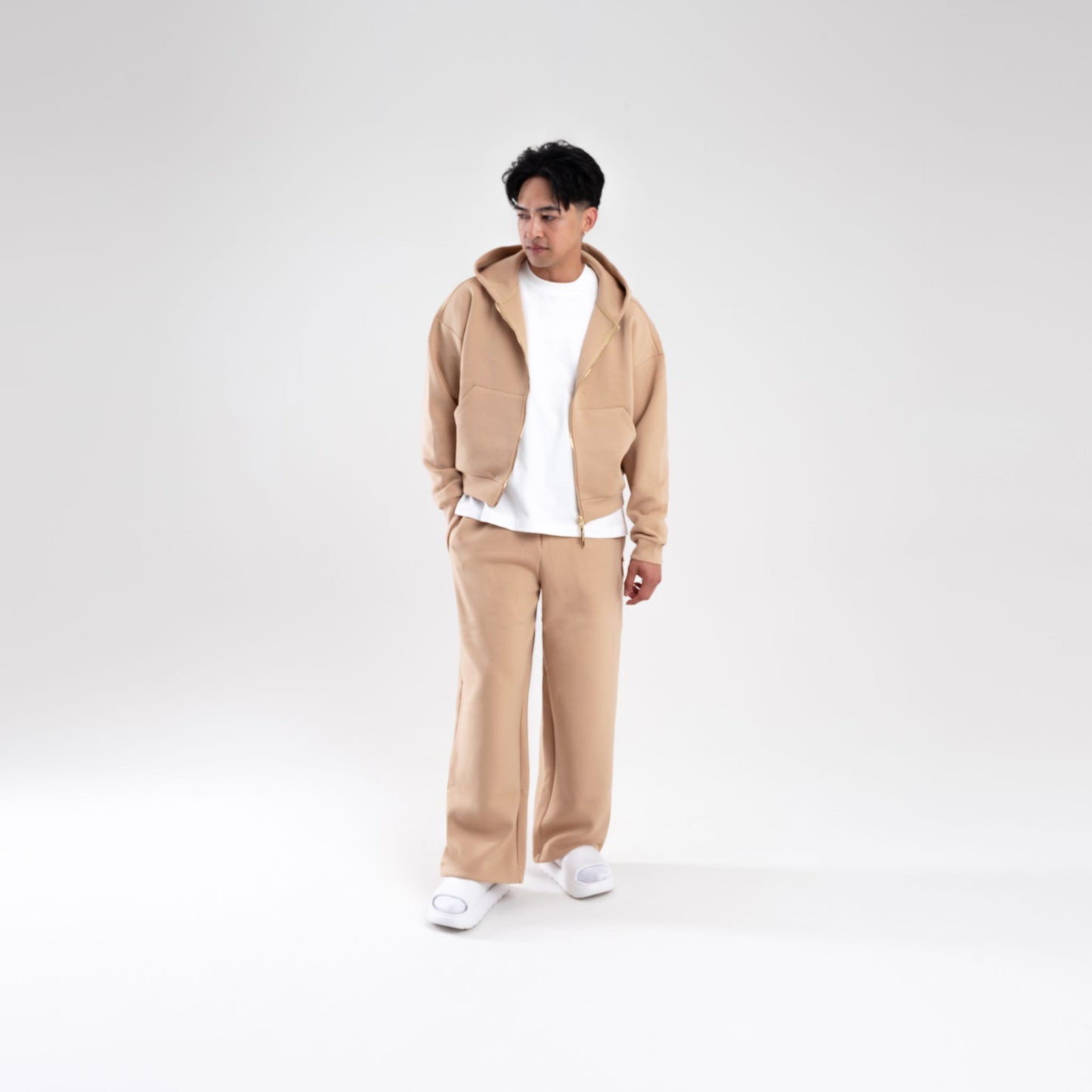 TAN SCUBA CROP ZIP UP HOODIE