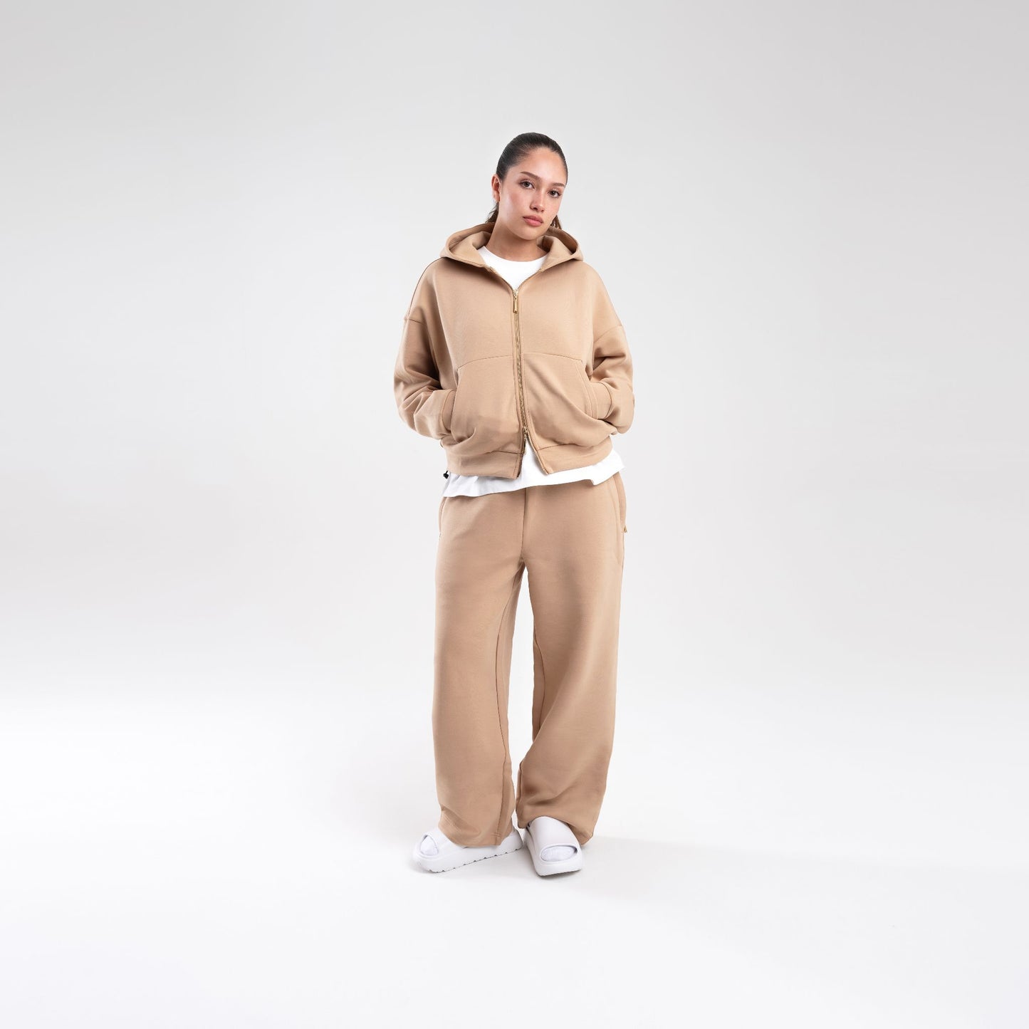 TAN SCUBA CROP ZIP UP HOODIE