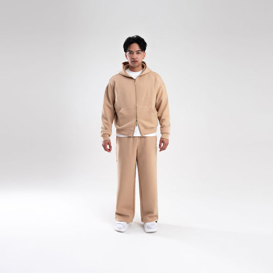 TAN SCUBA BOXY ZIP UP HOODIE