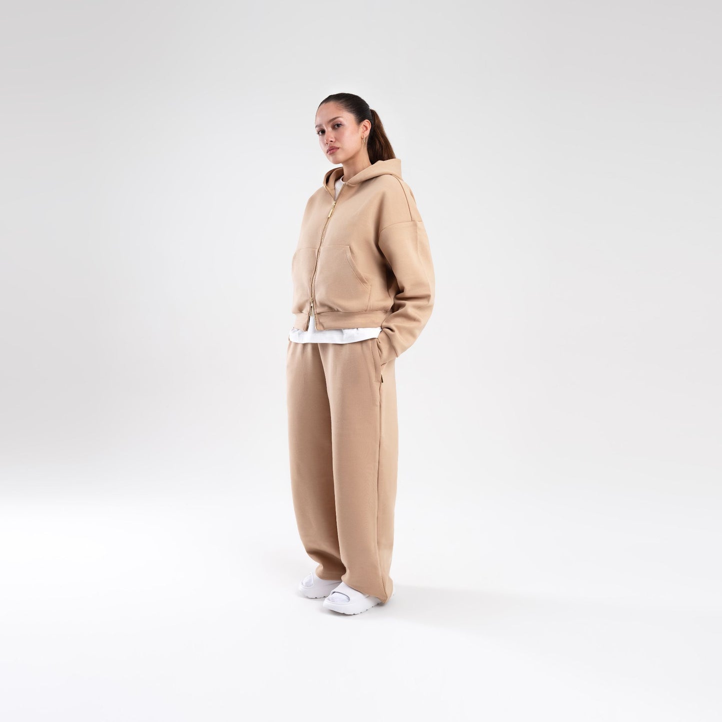 TAN SCUBA CROP ZIP UP HOODIE