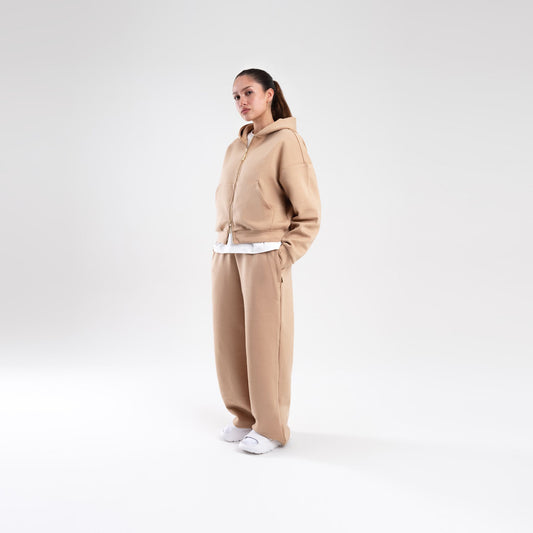 TAN SCUBA CROP ZIP UP HOODIE